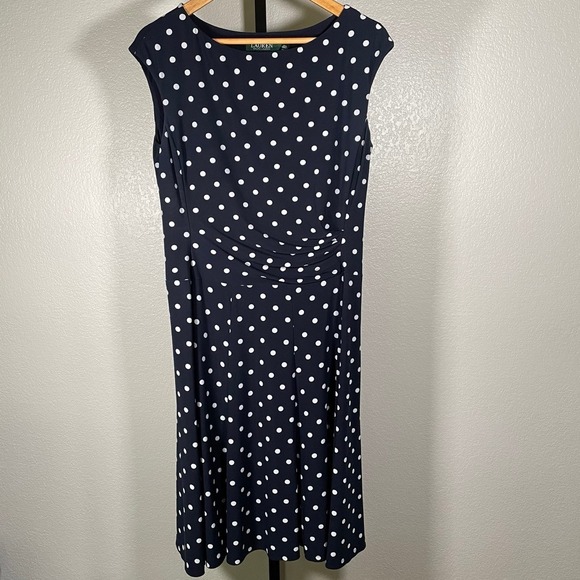 Lauren‎ Ralph Lauren Polka Dot Swing Dress Sleeveless Career Party Navy Blue 12 - Picture 1 of 4